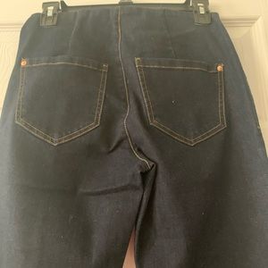 INC high rise cropped dark wash kick-flare jeans, pulled up